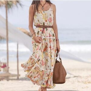 Ranee's Tropical Coral White Floral Tiered Boho Maxi Dress Pom Pom Trim S/M